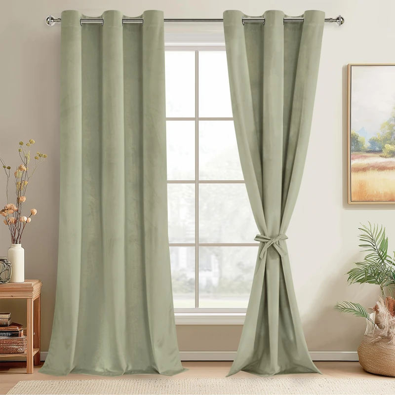 JIUZHEN Sage Green Velvet Curtains 84 inches for Living Room - Privacy Protect Room Darkening Grommet Thick Velvet Window Drapes for Bedroom, Set of 2 with Tiebacks, 42W x 84L