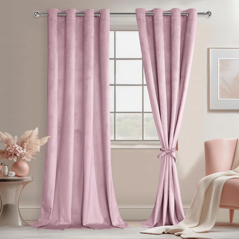 JIUZHEN Pink Velvet Curtains 96 inches for Living Room - Privacy Protect Room Darkening Grommet Thick Velvet Window Drapes for Bedroom, Set of 2 with Tiebacks, 52W x 96L