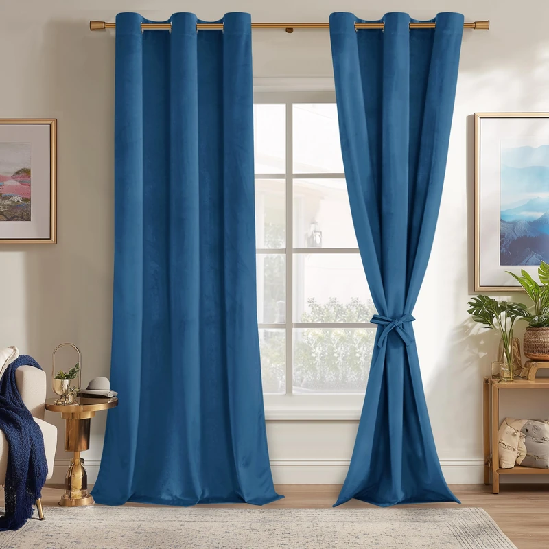 JIUZHEN Blue Velvet Curtains 96 inches Blackout Curtains for Living Room - Privacy Protect Room Darkening Grommet Thick Velvet Window Drapes for Bedroom, Set of 2 with Tiebacks, 42W x 96L