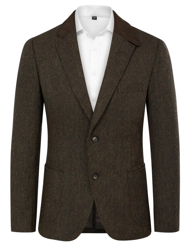 PJ Paul Jones Mens Herringbone Blazer Vintage Tweed Wool Blend Sport Coat Jacket, Dark Coffee, L