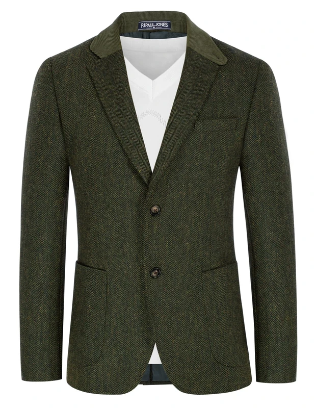 PJ PAUL JONES Mens Herringbone Blazer Vintage Tweed Wool Blend Sport Coat Jacket, Army Green, L