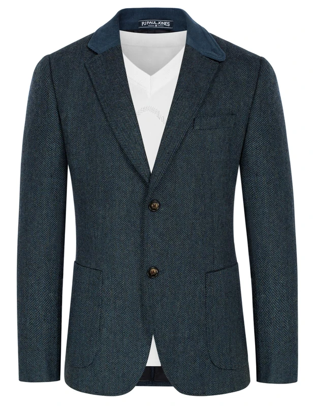 PJ Paul Jones Mens Herringbone Blazer Vintage Tweed Wool Blend Sport Coat Jacket, Dark Blue, S