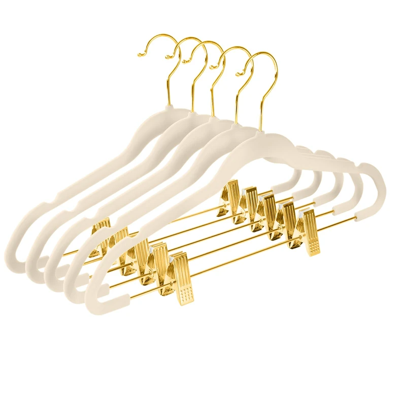 MIZGI Premium Velvet Pants Hangers with Adjustable Clips (Pack of 20) - Slim Skirt Hangers - Non Slip Felt - Ivory/Gold