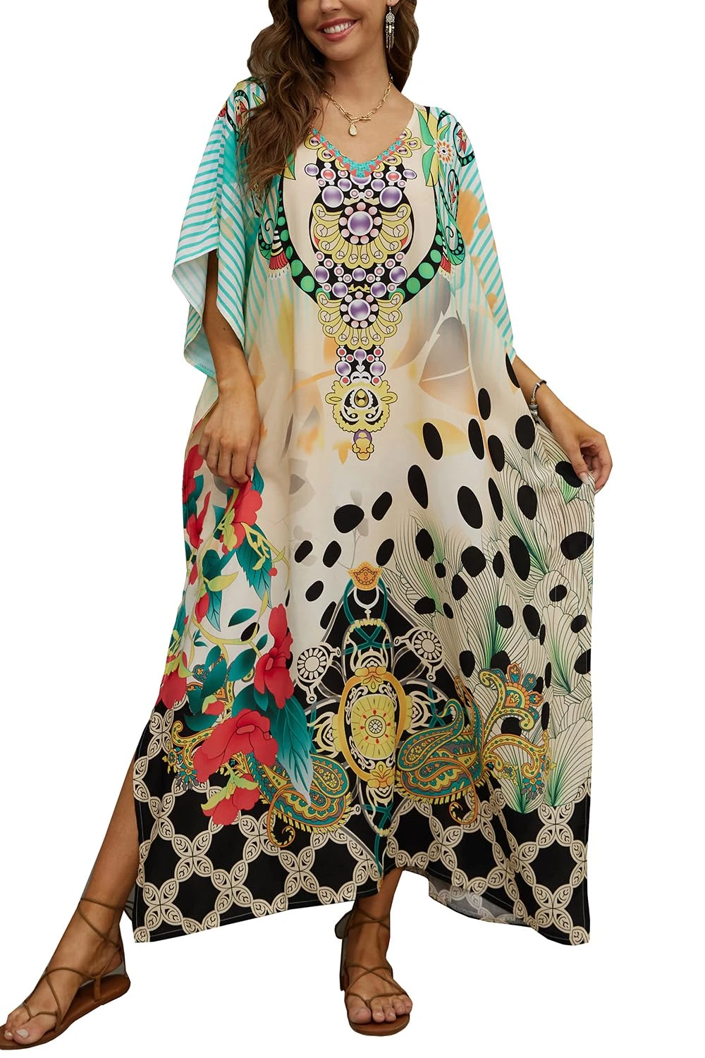 LikeJump Women Boho Long Maxi Kaftan Roomy Loungewear Oversized Beach Dress Cover Ups Robes