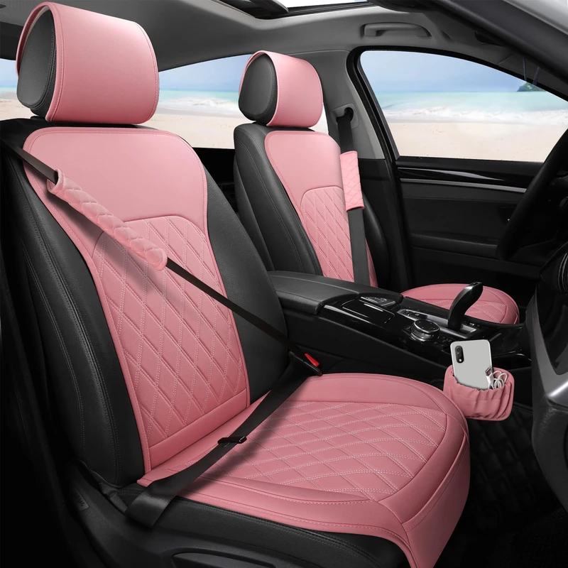 Sanwom Front Car Seat Covers with Storage Pocket and Seat Belt Pads Pink