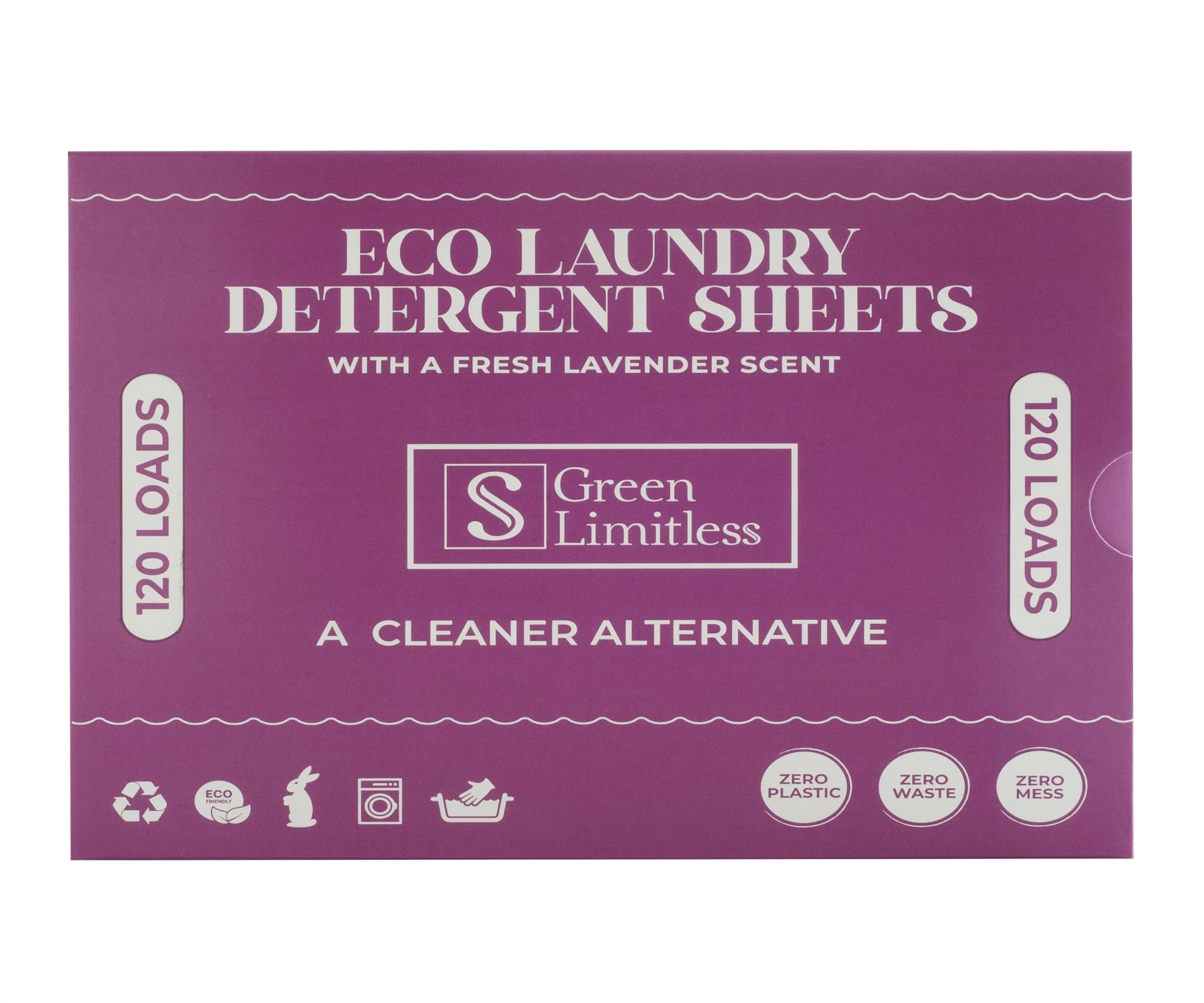 Green Limitless Eco Laundry Detergent 120 Sheets (Loads) with A Lavender Scent. All the benefits of a liquid detergent, washing powder, or washing pods without any of the drawbacks.