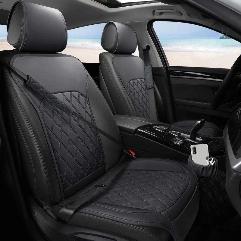 Sanwom Front Car Seat Covers with Storage Pocket and Seat Belt Pads Black