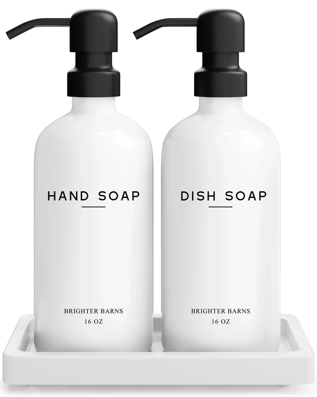 White Glass Hand and Dish Soap Dispenser Set by Brighter Barns - Kitchen Soap Dispenser Set with Tray for Kitchen, Home or Vacation Rental - Modern Kitchen Decor & Accessories (White)