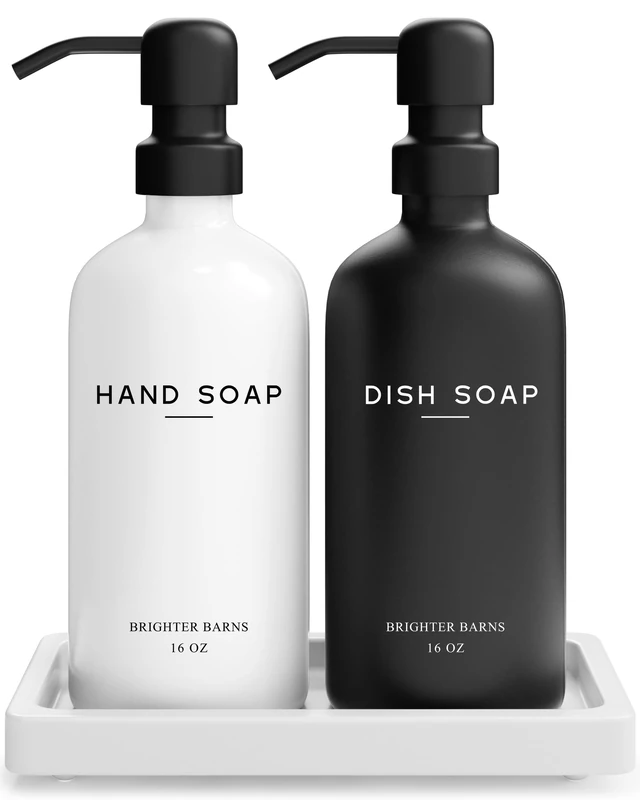 Luxury Glass Hand and Dish Soap Dispenser Set by Brighter Barns - Kitchen Soap Dispenser Set with Tray for Kitchen, Home or Restaurant - Modern Farmhouse Kitchen Decor (Black/White)