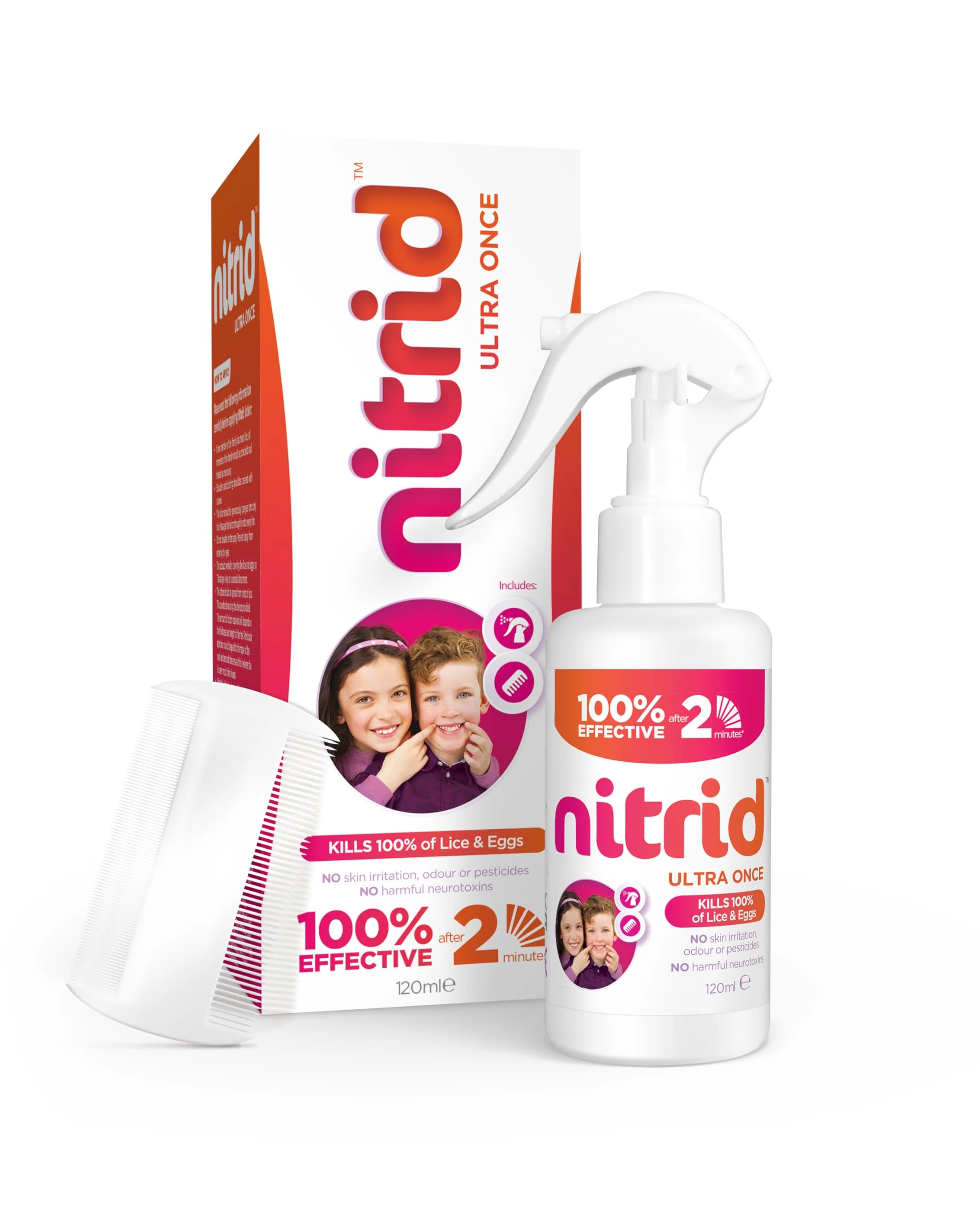Nitrid Ultra Once All-in-One Head Lice Treatment Spray & Comb - 100% Effective on Lice & Eggs in 2mins, Includes Spray 120ml & Nit Comb - 2023 New Formulation