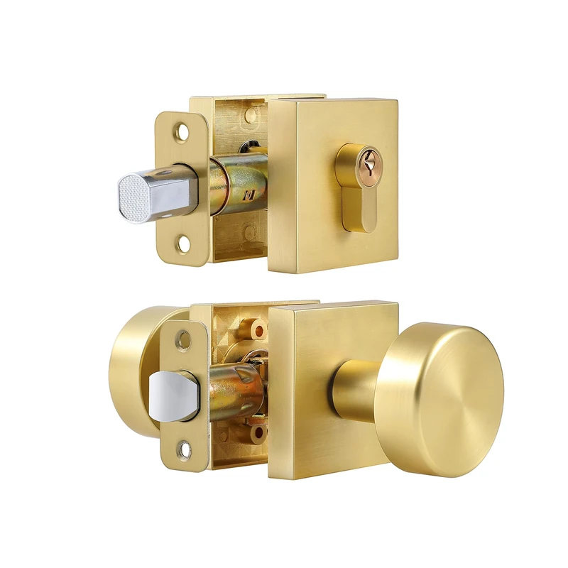 coolnews Gold Door Knob and Single Cylinder Deadbolt Set, Exterior Door Knobs with Lock and Deadbolt, Stain Brass Finish