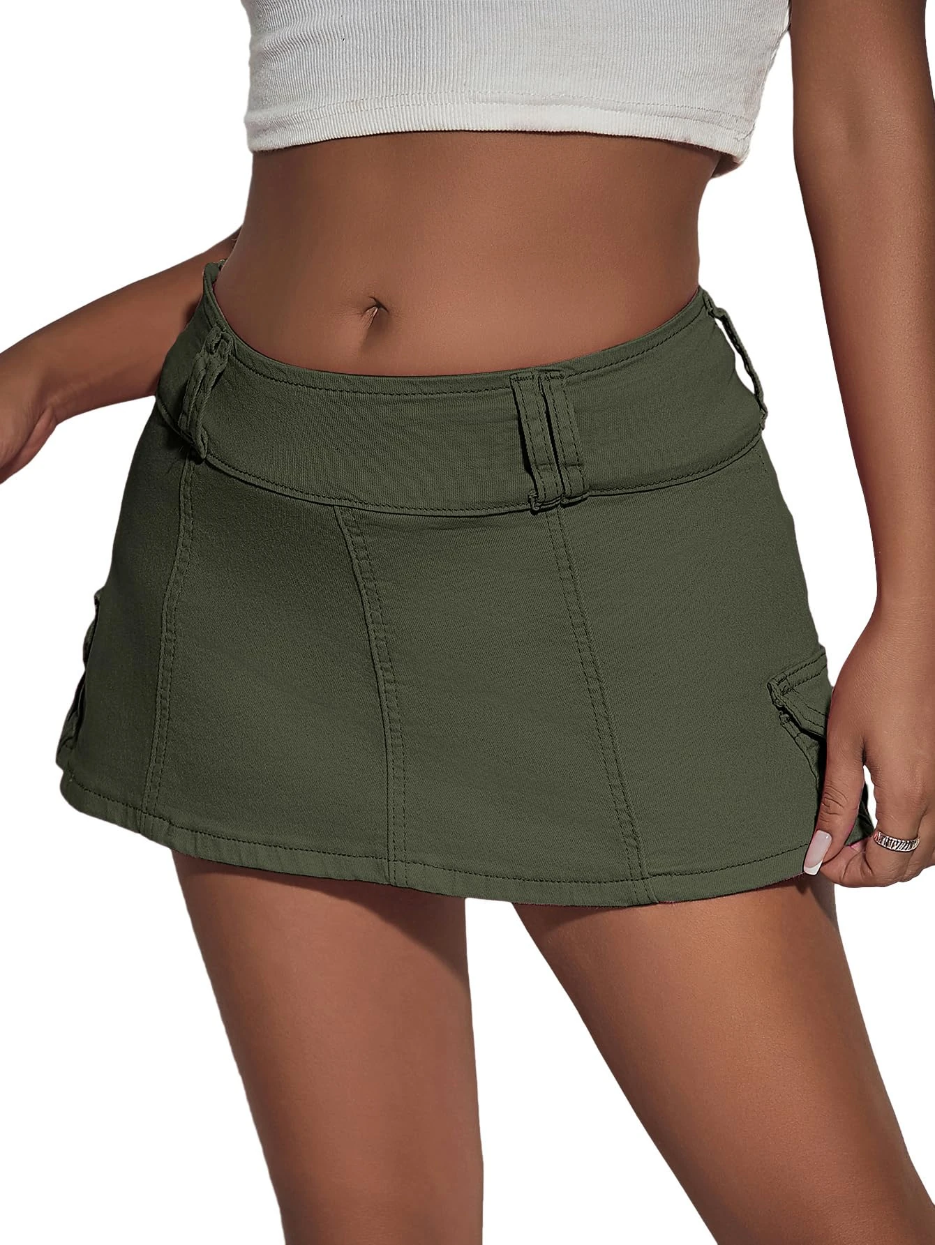 Floerns Women's Casual A Line Flare Jean Denim Mini Skirts with Pocket, Army Green Solid, XL