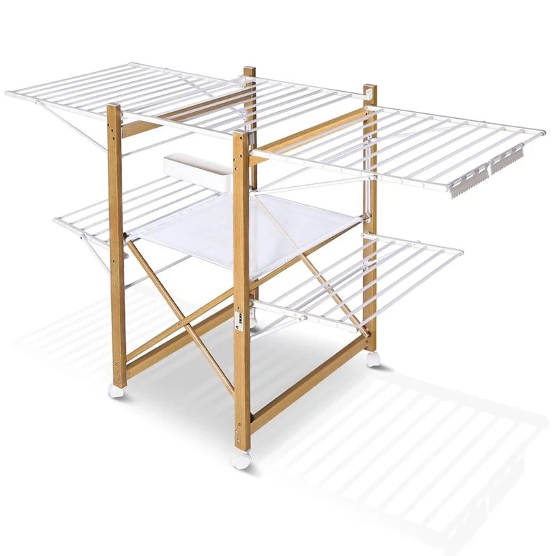 VOUNOT® Large Clothes Airer, Foldable Clothes Drying Rack, 2-Level Clothes Horse with Wings & Casters, Free-Standing Garment Laundry Drying Rack for Indoor Outdoor, White