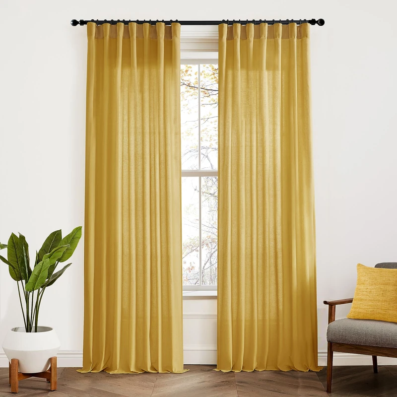 XTMYI Yellow Curtains 96 Inches Long for Living Room,Colorful Bright Mustard Mid Century Modern Decor,Linen Sheer Bohemian MCM Curtains for Bedroom 2 Panel Set,Dark Ocher