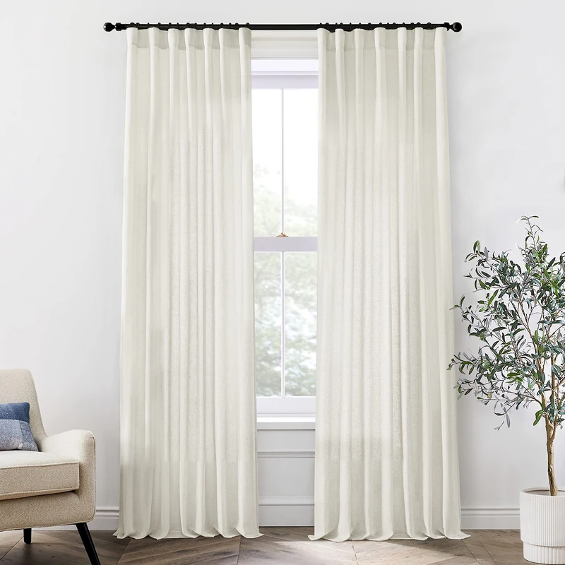 300cm Linen Curtains for High Ceiling Living Room 2 Panels Set Rear Loop Hooks Pleat Privacy Semi Sheer Extra Long XL 26cm Hotel Curtain Curtains for Tall Windows, Cream Beige Ivory,