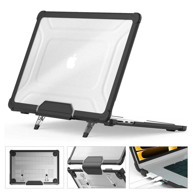 SEYMCY Case Compatible with MacBook Air 15 inch Case 2025 2024 2023 / M4 M3 M2, Anti-Scratching Protective Hard Shell Cover with Foldable Stand (A3241 A3114 A2941), Black