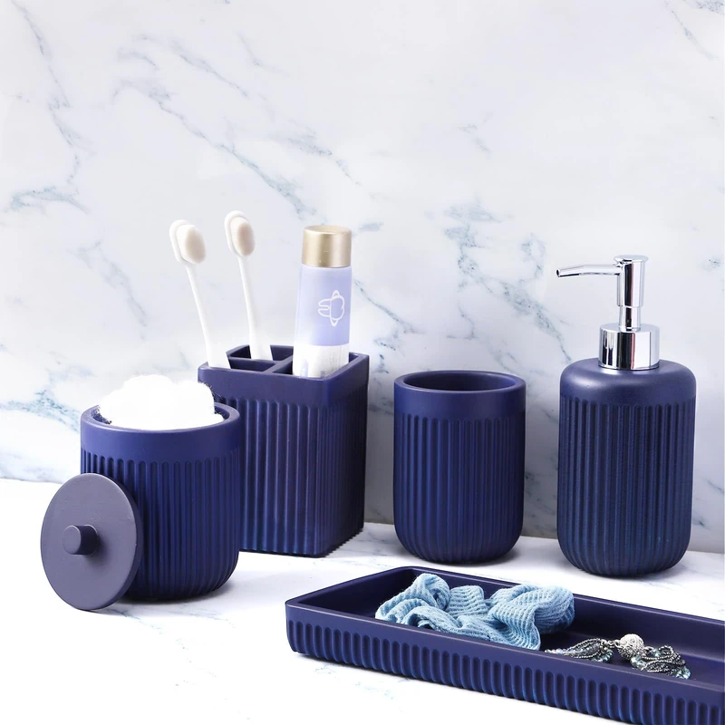 XLHOMO Resin Navy Blue Bathroom Accessories Set 5 Pcs, Lotion Soap Dispenser, Toothbrush Holder, Bathroom Tumbler, Qtip Holder and Vanity Tray, Bathroom Countertop Organizer Set for Modern Apartment