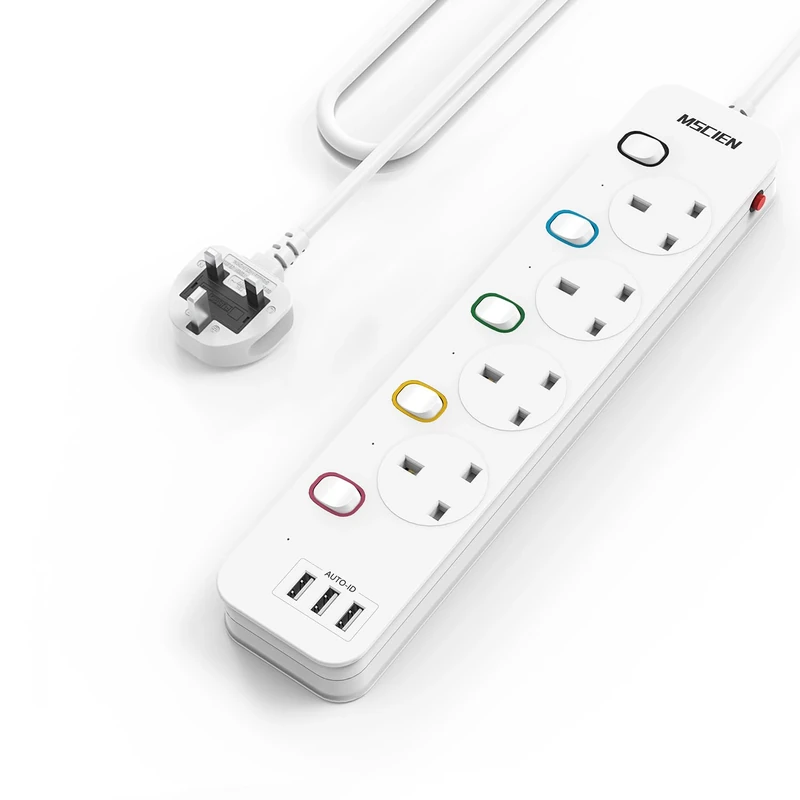 Mscien 4M Extension Lead with USB Slots, 4 Way 3 USB Extension Socket with Individual Switches Mountable Power Strips with 4 Meters Extension cable 3250W