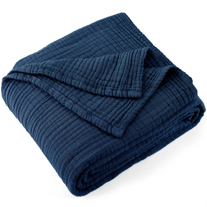 Carriediosa 100% Cotton Muslin Throw Blanket 70" X 80" Twin Size，4-Layers Summer Gauze Throws for Bed Couch，Soft Lightweight Breathable Linen Blankets Bedspread for Adults All Season，Navy Blue