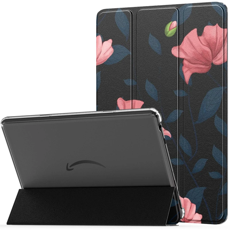 MoKo Case Fits All-New Kindle Fire HD 10 & 10 Plus Tablet(13th Generation, 2023 Release)10.1", PU Leather Trifold Stand Cover with Transparent Frosted Backshell, Auto Wake/Sleep Function, Black & Pink
