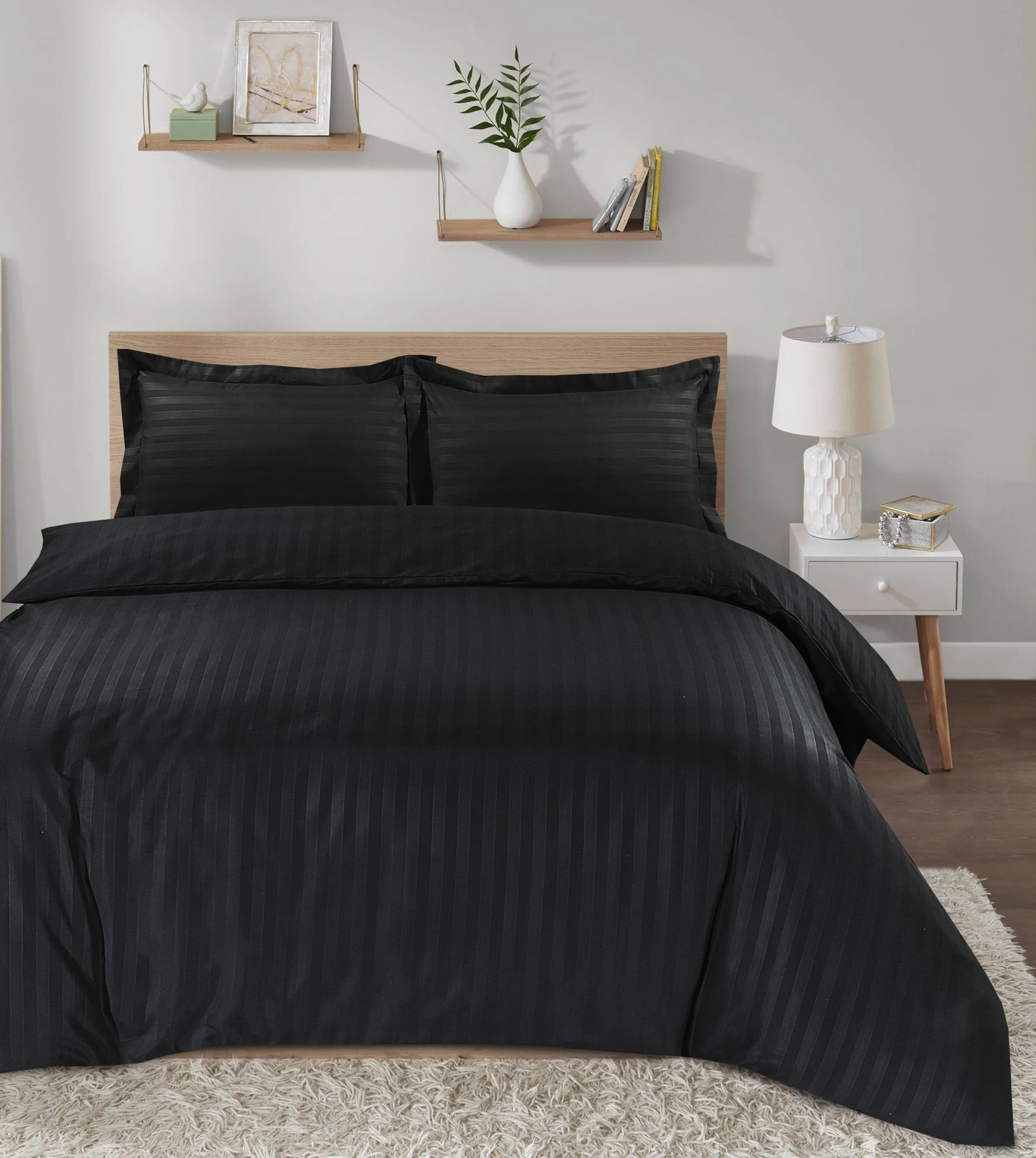 Casabella Satin Stripe Duvet Cover Sets -Luxurious King Black Bedding with Satin Stripes, King size Duvet Cover Sets, Hotel Quality King Size Duvet & Pillowcases, Black Duvet King Size