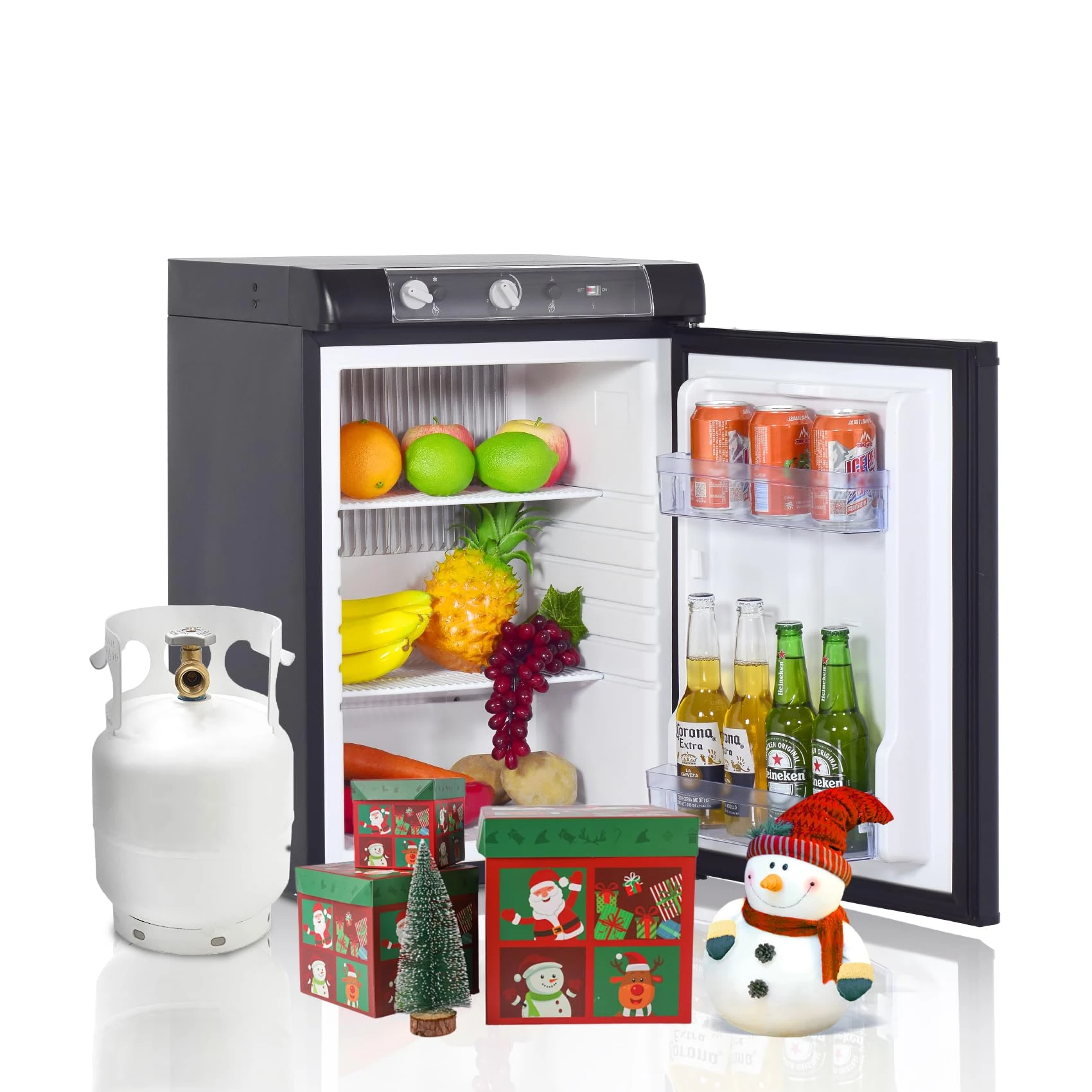 Techomey 3 Way Fridge Camping, Gas Fridge Camping 12V 240V, 60L Caravan Fridge for Motorhome, 3 Way Fridge for Campervan, Truck, Outdoor, Silent, Black