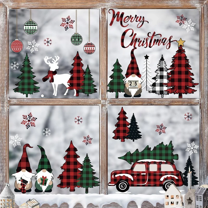 decalmile Christmas Red Car Gnome Window Clings Reusable Red Black Plaid Xmas Tree Christmas Window Decals Double Side Printed Window Stickers Glass Mirror Party Decoration