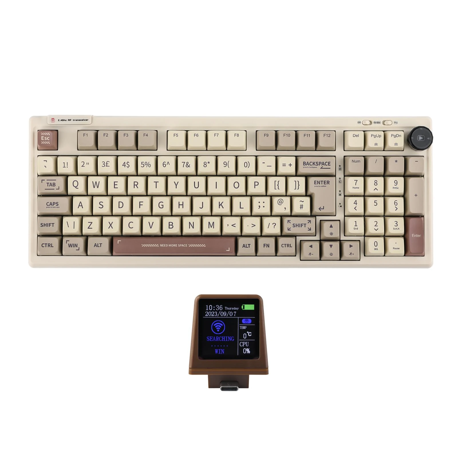 EPOMAKER RT100 98 Keys ISO(UK) Mechanical Gaming Keyboard with Customizable Mini TV and Knob, Gasket, Three Mode (BT5.0/2.4Ghz/USB-C), Hot Swappable Socket (Retro White, Wisteria Linear Switch)