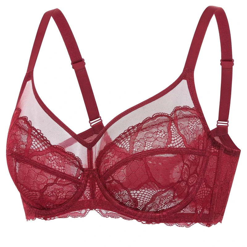 DOBREVA Women's Lace Full Coverage Minimiser Bra Unlined Underwire See Through Plus Size Bra Chinese Red 42E