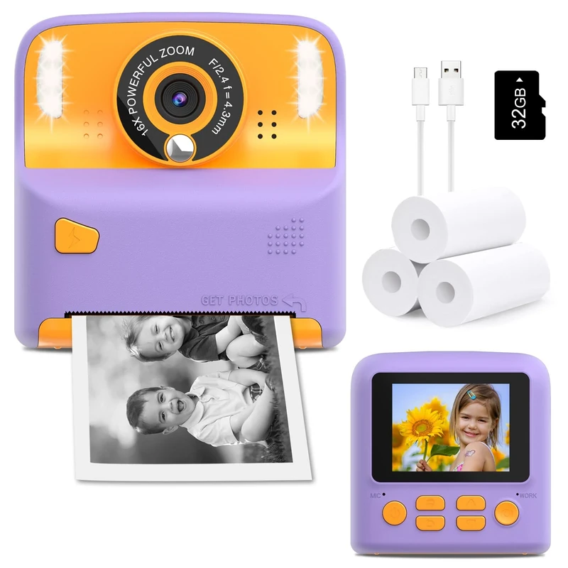 Amzelas Kids Instant Print Camera, Christmas Birthday for Age 3-12 Girls Boys Gifts, Inkless Thermal Printing Black&White Photo for Toddler Toys with 32GB Card (Purple&Orange)