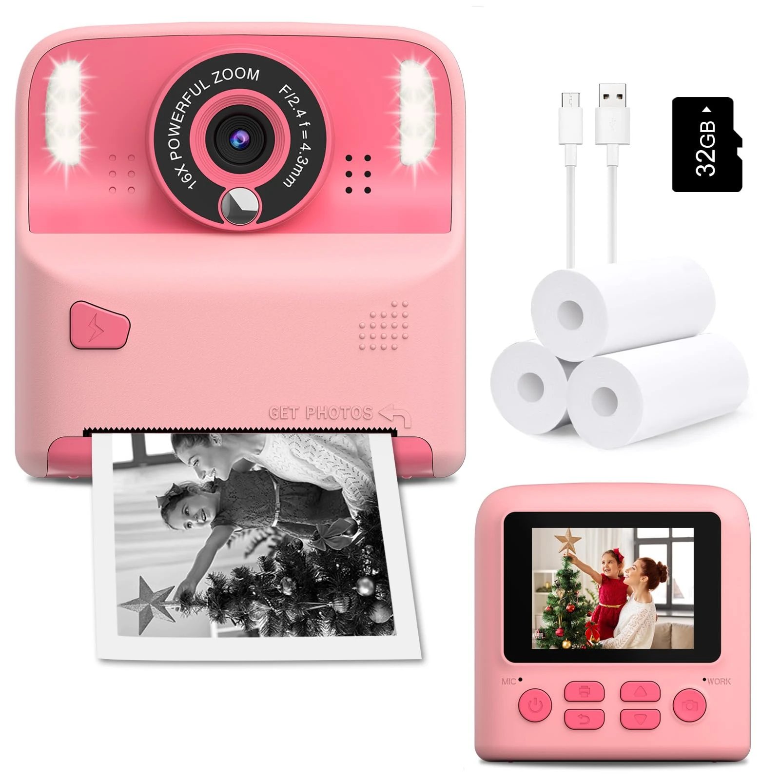 Instant Print Camera for Kids, Christmas Birthday Gift for 3-12 Year Old Girls Boys, Zero Ink Digital Camera Print Black and White Photo for Toddler Toys, 2.4 inch Screen with 32GB Card (Pink)