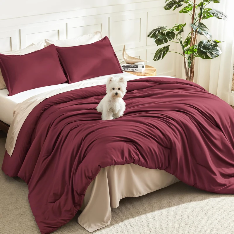 Litanika King Comforter Set Burgundy, 3 Pieces Lightweight Solid Bed Set