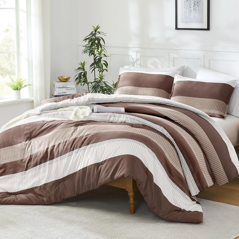 Litanika Brown Queen Comforter Set - 3 Pieces Stripe Bedding Comforter Sets