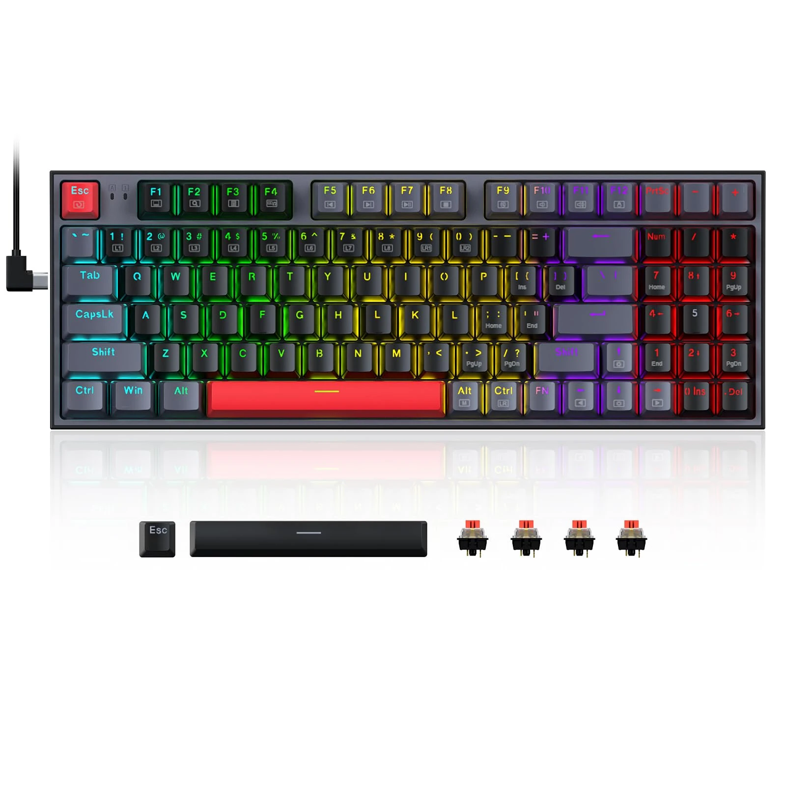 Redragon Mechanical Gaming Keyboard, Wired Mechanical Keyboard with 94 Keys, Programmable Macro Editing, Numeric Pad, Red Switches, Compact Keyboard Mechanical for Pc Mac Ipad, Black Gray