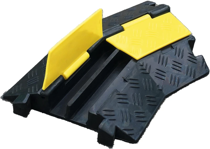 as - Schwabe Cable Bridge 2 Channel 45° Bend 420 x 245 x 40 mm - Cable Protection Mat Solid Rubber - Cable Duct 32 x 32 mm - Hose Bridge Load Capacity up to 10 t - Override Protection for Cables -