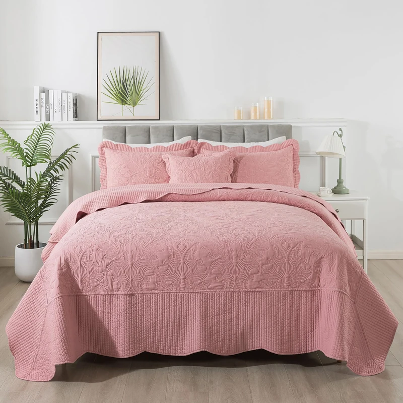HoneiLife California King Quilt - Oversized King Bedspreads 128x120, 4-Piece Cal King Quilt Sets,Rustic Bedding Sets King Size,Reversible Coverlets Lightweight Bed Cover for All Season Use-Pink