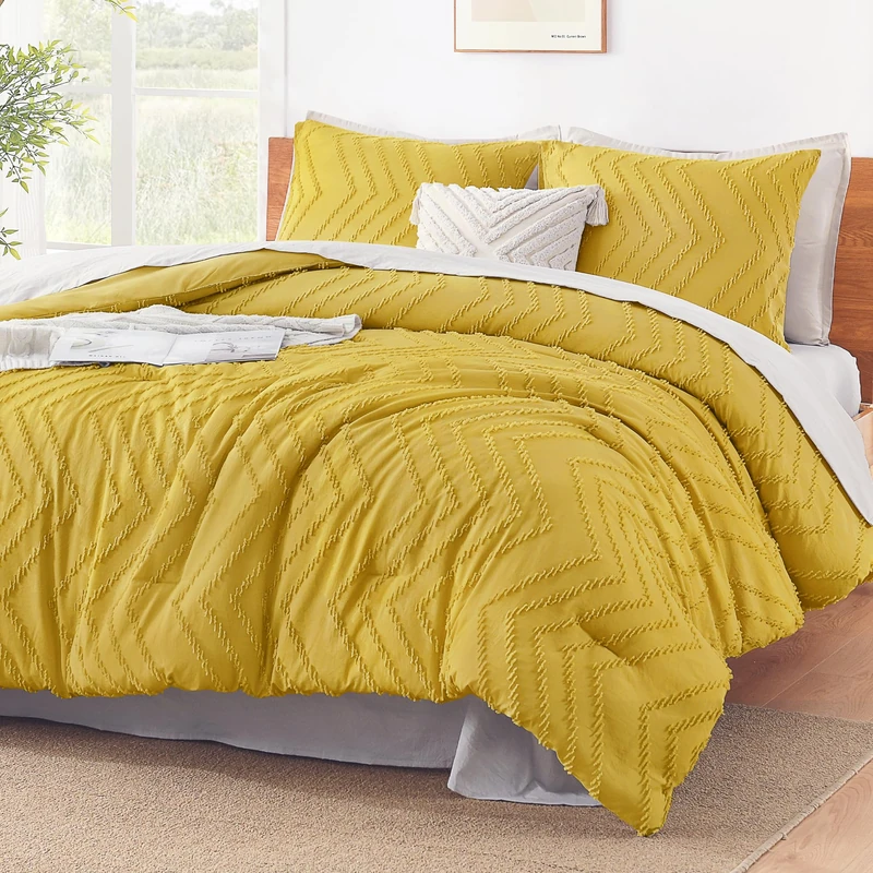 Litanika Mustard Yellow Queen Comforter Set, 3 Pcs Boho Tufted Bedding Set