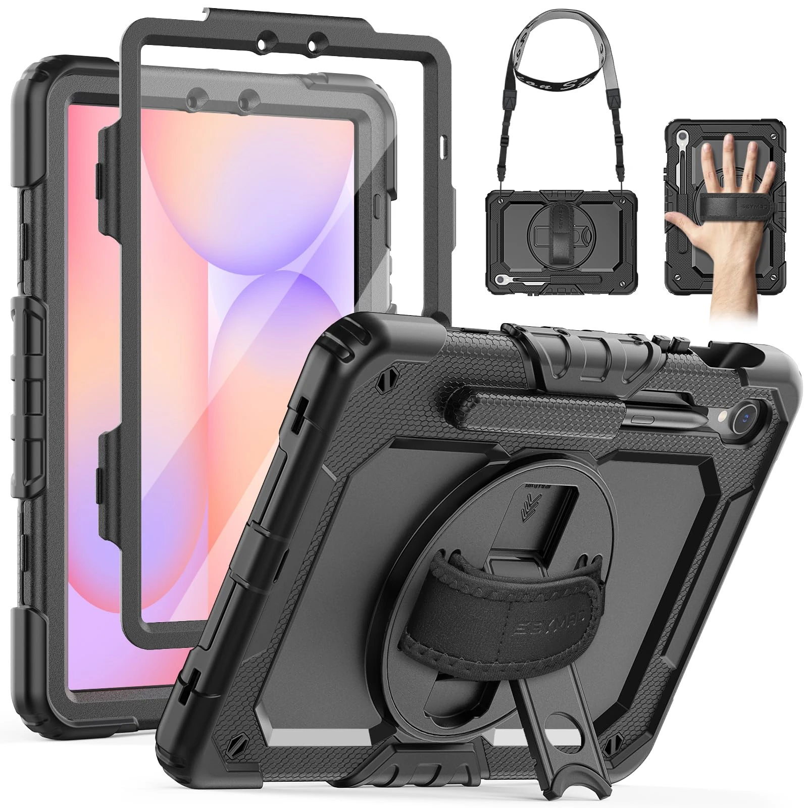 SEYMAC Case for Samsung Galaxy Tab S10 Lite/S10 FE (2025)/S9 FE 10.9 inch/S9 11 inch 2023, Shockproof Case with Screen Protector, Hand Strap, Shoulder Strap, Stand and Pen Holder, Black