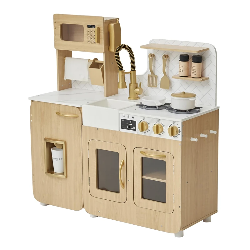 Teamson Kids Little Chef Cyprus Wooden Play Kitchen in Oak with Marble Counter, 14 Accessories, Click Knobs, Shelves & Hooks for Creative Role Play