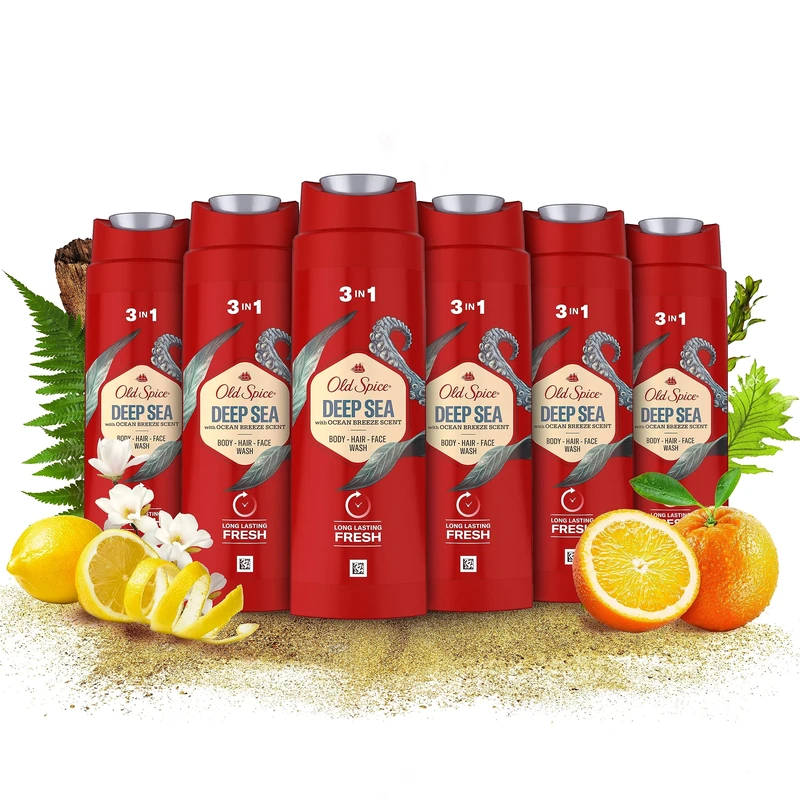 Old Spice Deep Sea Men’s Shower Gel & Shampoo 250ml Multi-Use 3-in-1 Hair-Face-Body Wash, Long Lasting Fresh, Perfume Quality Scent, Pack of 6