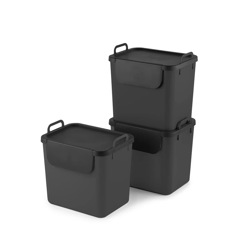 Rotho Jive Recycling Müllsystem anthrazit Set of 3 waste separation system 30l for the kitchen, Plastic (PP recycled), dark grey, 3 x 30l (39.8 x 29.8 x 50.1 cm)