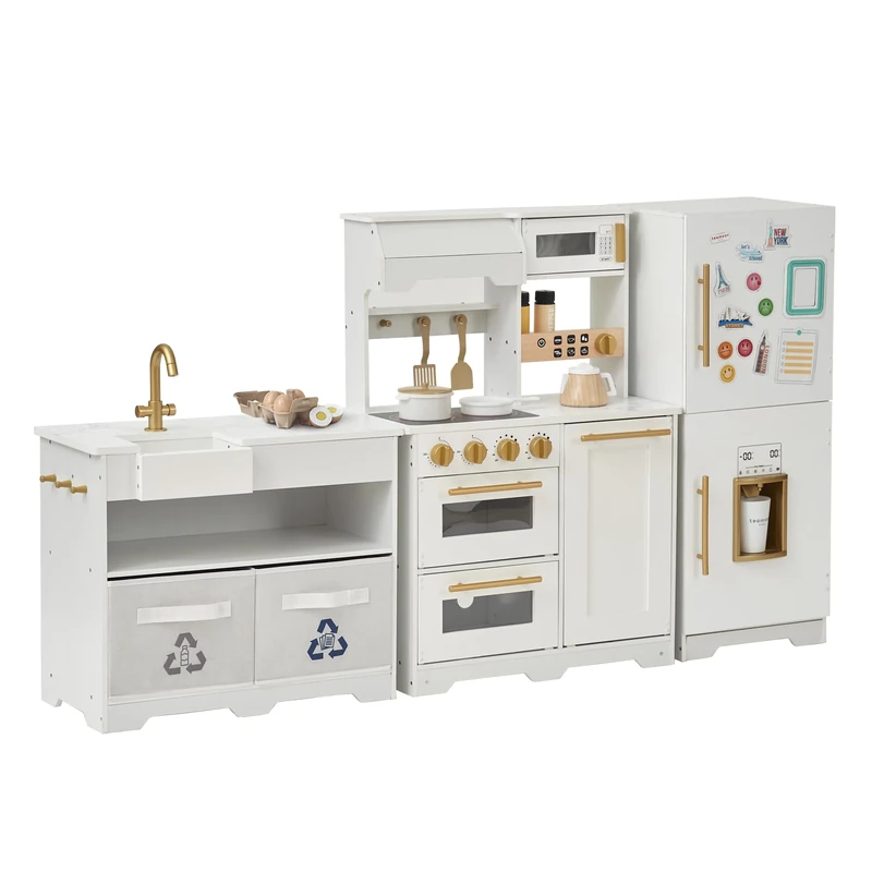 Teamson Kids Little Chef Atlanta Modular Play Kitchen in White & Gold with 17 Accessories, Freestanding Units, Magnetic Fridge & Realistic Details