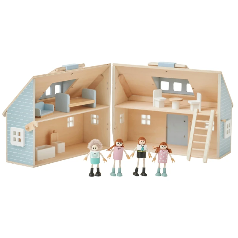 Olivia’s Little World Quaint Portable Doll Cottage for 3.5in Dolls, Opens to 4 Rooms, Includes 4 Wooden Figurines, Furniture Accessories & Carry Handle