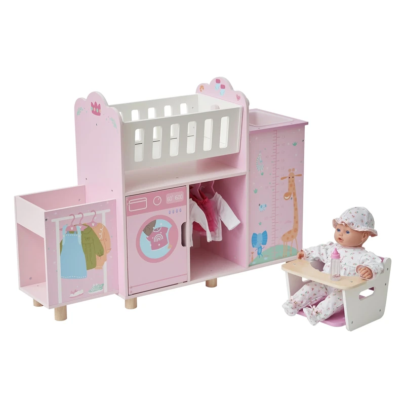 Olivia’s Little World Amanda 6-in-1 Doll Nursery Station with Rocking Cradle, Detachable High Chair, Sink/Shower, Washing Machine, Wardrobe Storage & Hangers for 16in Dolls