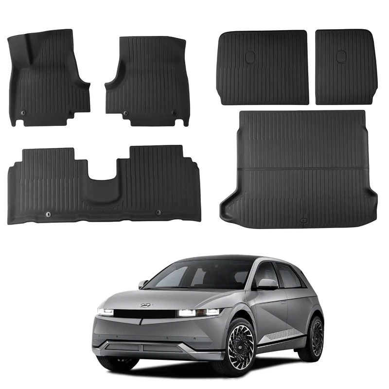Ecarzo Floor Mats Full Set for Hyundai IONIQ 5 2021 2022 2023 Accessories All-Weather Front Rear Cargo Liner Mat Heavy Duty Trunk Protection Backrest Mats Slide Console Version (Set of 6)