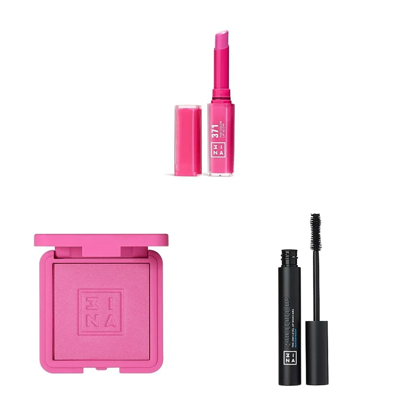 3INA MAKEUP - The Color Lip Glow 371 + The Blush 371 + The 24h Level Up Mascara Waterproof 900 - Pink Lipstick & Blush with Black Mascara Set - Barbie Set - Vegan - Cruelty Free