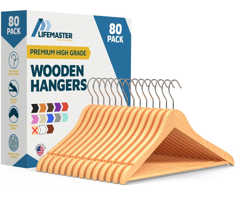 Lifemaster Tough Long Lasting Solid Maple Wooden Clothes Hangers - Pack of 80 Natural Wood Hangers with Rotating Swivel Hooks and Built-in Notches to Organize Jackets, Shirts, and Pants
