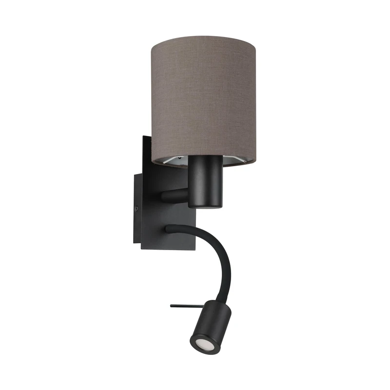 EGLO LED wall light fixture Pasteri, indoor lamp with reading light, living room and bedroom lighting, spotlight made of black metal and anthracite brown fabric, E27 socket