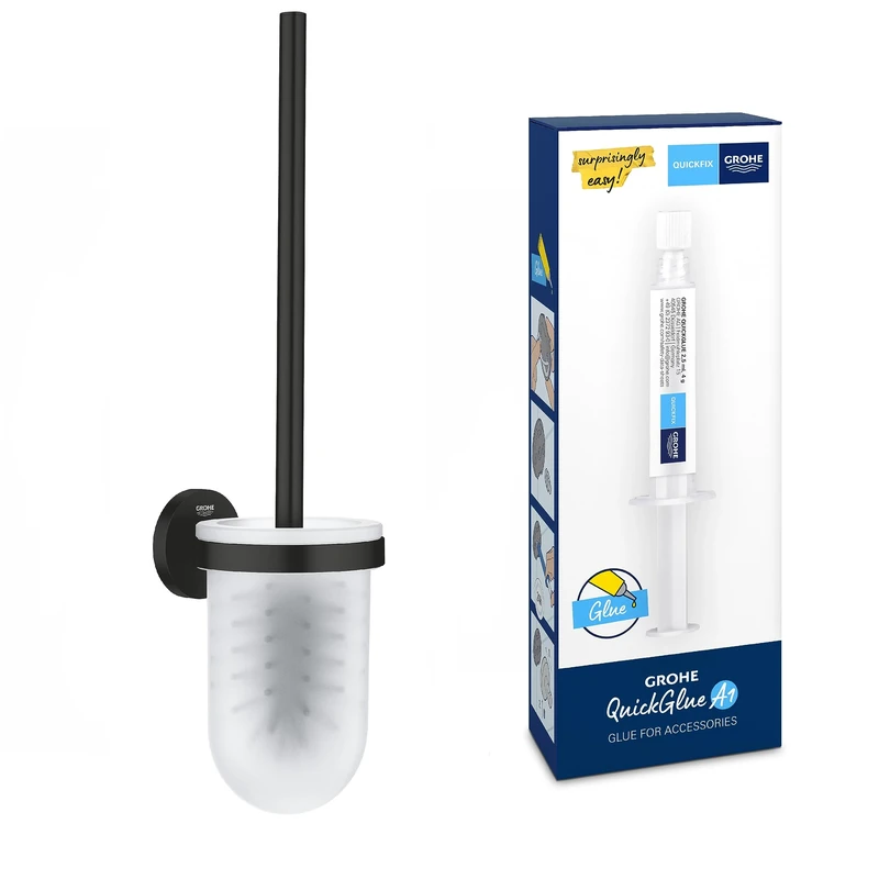 GROHE Start QuickFix Toilet Brush Set & QuickGlue A1 (Metal and Glass, Wall Mounted Concealed Fastening, Including Screws and Dowels, Extra Easy to Fit QuickGlue), Size 398 mm, Matt Black, 411852430