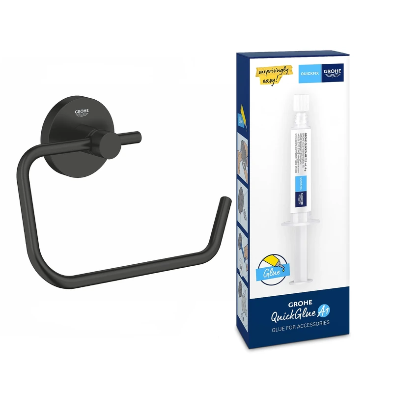 GROHE Start QuickFix Toilet Roll Holder Without Cover & QuickGlue A1 (Metal, Concealed Fastening, Including Screws and Dowels, Extra Easy to Fit QuickGlue), Size 44 x 119 mm, Matt Black, 412002430
